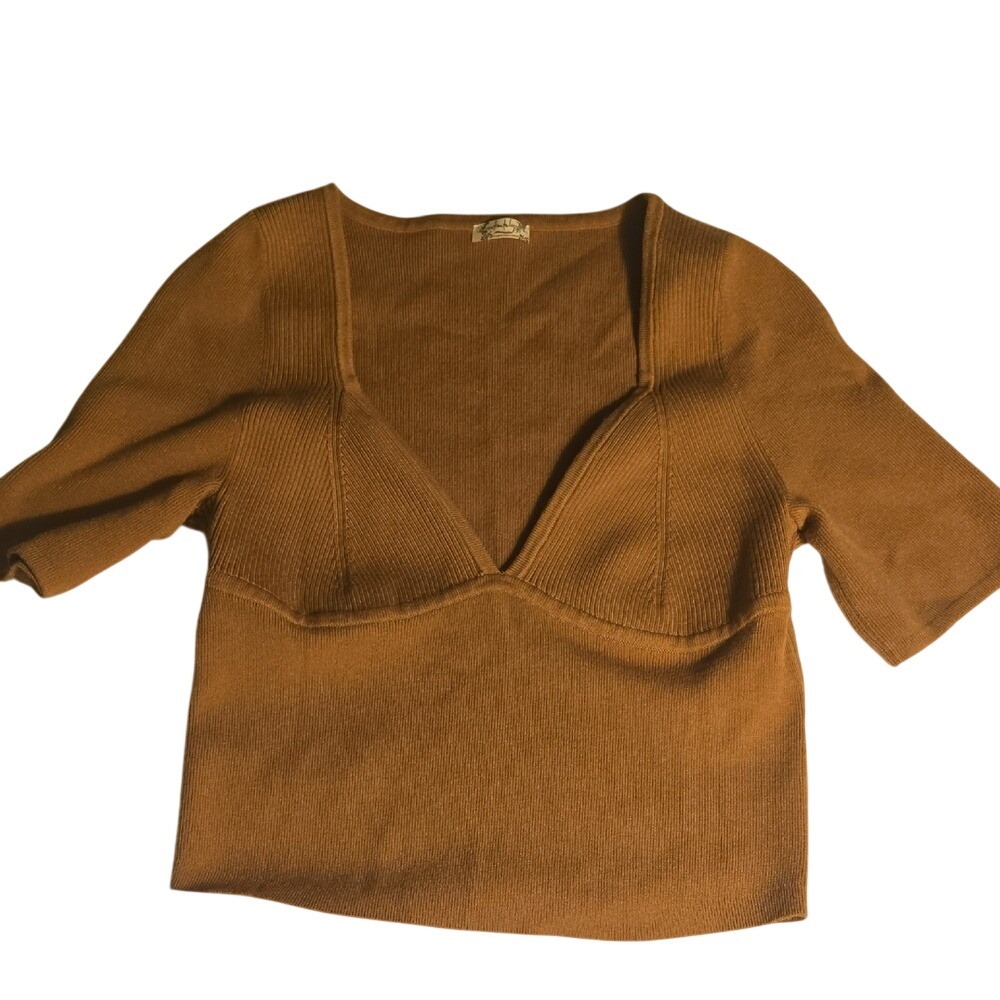 Intimately Free People Ribbed Sweetheart Neck Short Sleeve Top Brown Large